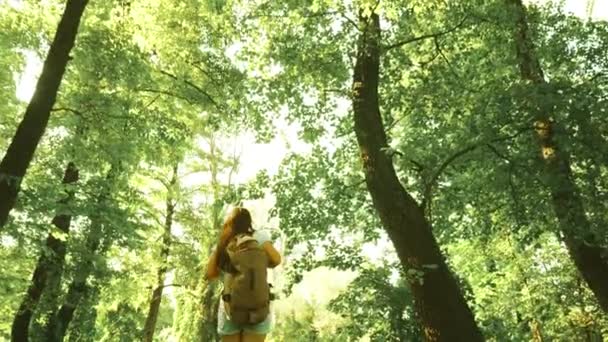 Kirándulólány a nyári parkban. tinédzser lány kalandok nyaralni. Lány utazó sétál erdőben egy hátizsákot, és boldog terjed karját ki oldalról. Túró nő sétál erdőben. — Stock videók