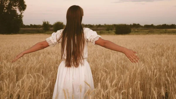 소녀는 필드에 여행. 생태 관광의 개념. 행복한 소녀는 노란 밀밭을 가로 질러 걷고 자신의 손으로 밀의 귀를 만진다. 슬로우 모션. — 스톡 사진