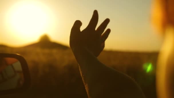 Meisjes hand golven de zon. Om met de auto te reizen. chauffeurs hand speelt met zon van auto venster tegen prachtige zonsondergang. — Stockvideo