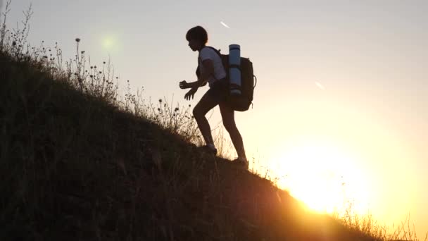 Children with backpacks travels climbing a mountain in sun. girl goes camping. Family of tourists with children traveling at sunset. joint work of tourists. movement to victory. Slow motion .hiker — Stock Video