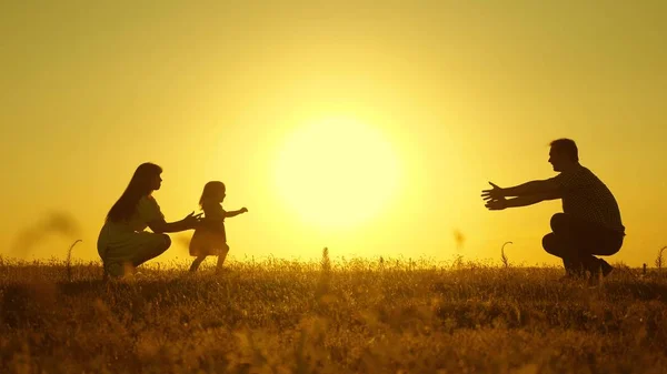 parents play with their little daughter. mother and Dad play with their daughter in sun. happy baby goes from dad to mom. young family in the field with a child 1 year. family happiness concept.