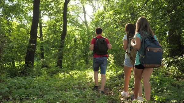 Family on vacation travels in forest. dad and daughters, children travel in park in summer. friends-tourists go camping in the forest. People walk through trees and grass. teamwork travelers