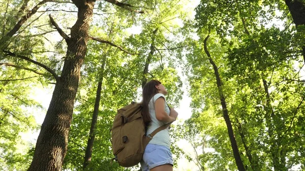 Vandrare kvinna går i skogen. Girl Traveler går genom skogen med en ryggsäck. Happy vandrare flicka i sommarpark. tonåring flicka äventyr på semester. — Stockfoto