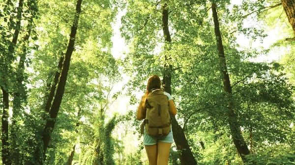 Meisje reiziger loopt door bossen met een rugzak en is gelukkig het verspreiden van haar armen naar de zijkanten. Wandelaar vrouw loopt in bos. Gelukkig wandelaar meisje in zomerpark. tiener meisje avonturen op vakantie. — Stockfoto