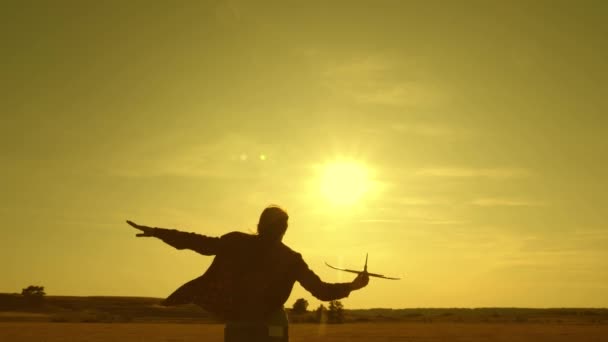 Sonho adolescente de voar e se tornar piloto. Menina feliz corre com um avião de brinquedo em um campo sob a luz do pôr do sol. As crianças brincam de avião de brinquedo. a menina quer se tornar piloto e astronauta. Movimento lento — Vídeo de Stock