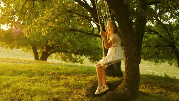 公園で子供が揺れる。オークの木の枝でロープを振っている少女十代の女の子は森の中で夏の夜にスイングで飛行を楽しんでいます — ストック動画