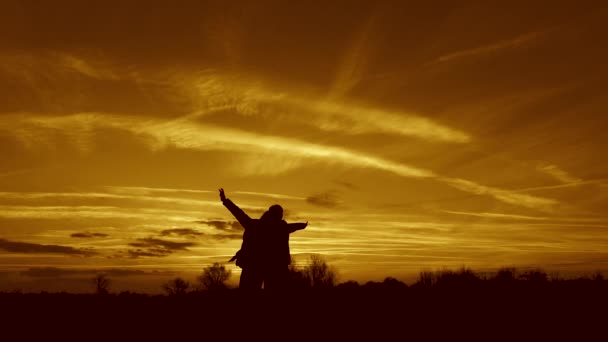 Les enfants jouent le soir au coucher du soleil. concept d'une enfance heureuse. les enfants rêvent de voler. Filles de super-héros courant à travers la prairie sur fond d'un beau ciel. petite amie travail d'équipe — Video