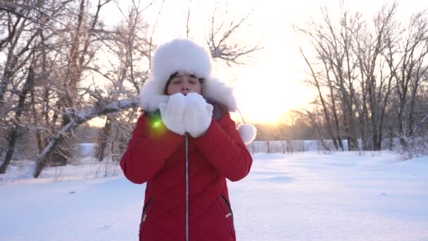 Il bambino soffia fiocchi di neve da mani in parco invernale, in vacanza di Natale. Ragazza felice che soffia fiocchi di neve al tramonto e sorride nel parco invernale. Al rallentatore. primo piano — Video Stock