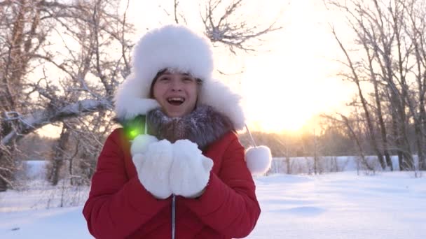 Kind blaast sneeuwvlokken uit de handen in de winter park, in kerstvakantie. Gelukkig meisje blaast sneeuwvlokken bij zonsondergang en glimlacht in het winterpark. Langzame beweging. close-up — Stockvideo