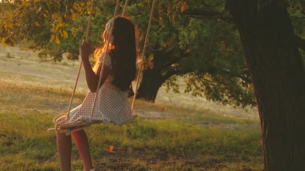 Kind swingend op een schommel in het park in de zon. jong meisje zwaaiend op touw schommel op een eiken tak. tienermeisje geniet van vliegen op swing op zomeravond in het bos. concept van gelukkig gezin en jeugd. — Stockvideo