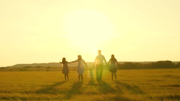 Anne, baba ve kız kardeşleri olan küçük kızları güneşte tarlada yürüyorlar. Mutlu, genç bir aile. Çocuklar, anne ve babalar gün ışığında çayırlarda oynuyorlar. Mutlu aile kavramı.. — Stok video