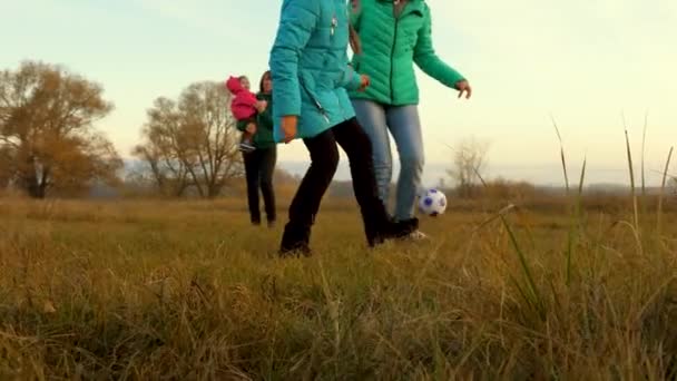 Glückliche Kinder und Mutter mit kleinem Kind spielen Fußball auf dem Feld. Familie spielt Kinderfußball im Park. Zeitlupe. Sportliches Familienkonzept — Stockvideo