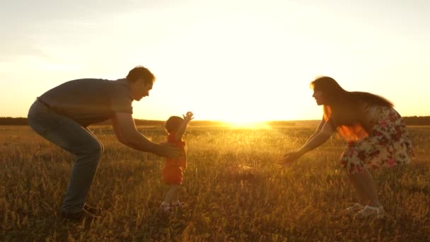 Vader en moeder spelen op het veld met een dochtertje in de zon. Kleine dochter gaat van vader naar moeder in de zon. moeder, vader en dochtertje genieten samen van de natuur, buiten. Langzame beweging. — Stockvideo