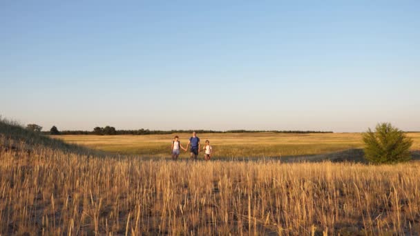 Papa avec deux filles en voyage de camping. Famille de touristes en voyage. enfants et père avec des sacs à dos marchent à travers le champ. travail d'équipe de touristes. mouvement vers le but et la victoire prévus . — Video