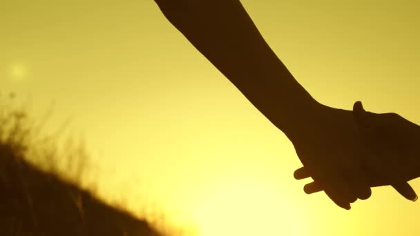 Le ragazze viaggiatrici si aiutano a vicenda a conquistare la cima di un'alta montagna, tenendosi per mano e tirandosi l'un l'altro in cima al tramonto. Ragazza escursionista. turismo familiare. Escursioni estreme per coraggiosi. viaggiatori di lavoro di squadra . — Video Stock