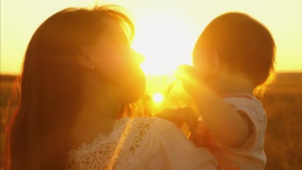 Concepto de una infancia feliz. familia, madre jugando con su hija pequeña en el parque. madre con un niño pequeño mira la hermosa puesta de sol en verano. Concepto de trabajo en equipo y crecimiento en los negocios . — Vídeos de Stock