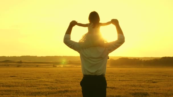 Concetto di infanzia felice. papà con la figlioletta sulle spalle camminano e guardano il bellissimo tramonto. famiglia, padre gioca con il suo bambino nel parco. concetto di lavoro di squadra e di crescita in — Video Stock