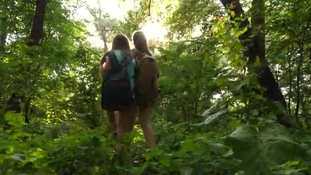 Gelukkige meisjes reizigers met rugzakken gaan door het struikgewas in het bos. kinderen toeristen reizen in het zomerpark. tieners op zoek naar avontuur. — Stockvideo