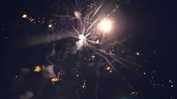 夜空にボケの光で花火を照らす。輝く花火ショー。新年は花火を祝う。夜空に色とりどりの花火が打ち上げられました。黒人の美しい夜の爆発 — ストック動画