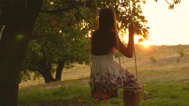 Criança balançando em um balanço no parque ao sol. jovem balançando na corda balançar em um galho de carvalho. menina adolescente gosta de voo no balanço na noite de verão na floresta. conceito de família feliz e infância . — Vídeo de Stock