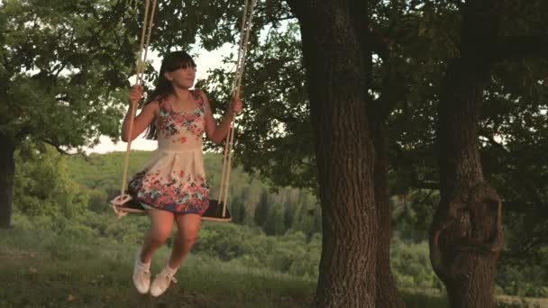 Ребенок качается на веревке на дубовой ветке в парке на закате. Девушка смеется, радуется. Девочка качается на качелях под солнцем, играет с детьми. Семейные развлечения на природе . — стоковое видео