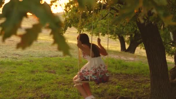 Bambino che oscilla su un'altalena nel parco al sole. giovane ragazza che oscilla su un'altalena di corda su un ramo di quercia. teen girl gode di volo su altalena la sera d'estate nella foresta. concetto di famiglia felice e infanzia. — Video Stock