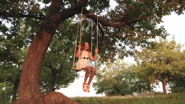 Дитина гойдається на гойдалці в парку на сонці. молода дівчина гойдається на мотузці на дубовій гілці. дівчина-підліток насолоджується польотом на свінгу в літній вечір у лісі. концепція щасливої сім'ї та дитинства . — стокове відео