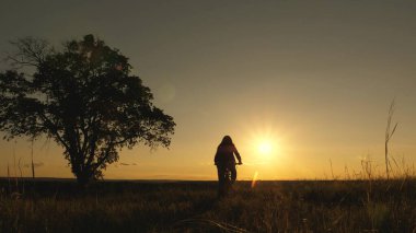 Genç bayan bisikletçi bir engeli aşıyor. Sağlıklı kadın turist, fil ışınlarıyla bisiklet sürüyor, doğa ve temiz havanın tadını çıkarıyor. Özgür kız gün batımında bisikletle seyahat eder. seyahat kavramı.
