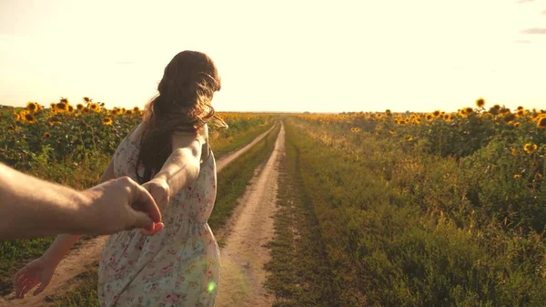 Uma menina viaja no campo com seu namorado, eles correm através do campo de girassol florescendo. menina e cara rkuka na mão, no passeio à noite ao longo do campo com girassóis ao pôr do sol, de mãos dadas. — Fotografia de Stock