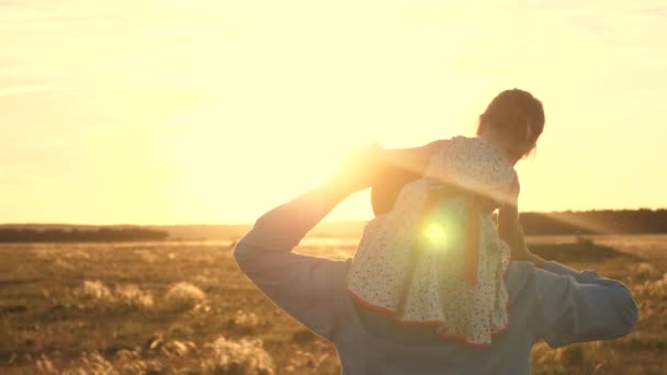 Felice bambino sano gioca con il padre sul campo in raggi di caldo tramonto. Papà con la sua amata figlia sulle spalle balla in volo e ride. padre e figlio viaggiano nel parco in estate . — Video Stock