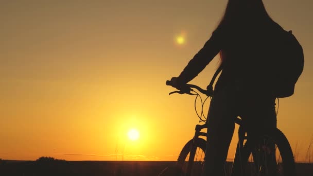 Menina livre viaja com uma bicicleta ao pôr do sol. conceito de aventura e viagens. Caminhante mulher jovem saudável anda de bicicleta para a borda da colina, desfrutando da natureza e do sol. mulher solitária ciclista descansando no parque. — Vídeo de Stock