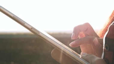 Tabletle tarlada buğday mahsulü inceleyen bir kadın çiftçinin silüeti. Yakın plan. Tarımcı kız, güneşte buğday tarlasında tabletle çalışıyor. İş kadını kazancını sahada planlıyor. tahıl hasat.