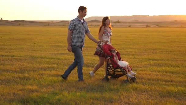 La pequeña hija sana cabalga en un cochecito en el parque sobre un fondo del sol. hijo amado de los padres. Camine con un niño pequeño en cochecito en la naturaleza. feliz familia libre. concepto infantil . — Vídeos de Stock