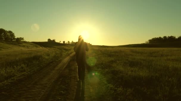 Un gars en bonne santé est engagé dans la forme physique, le jogging dans le pays. Jeune homme libre s'entraîne en été dans le parc à l'aube. Le jogger respire l'air frais. mode de vie sportif et sain — Video