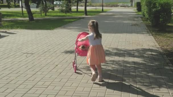 En liten flicka går i parken med en barnvagn och en nalle. En grabb på gatan med sin favoritleksak. Barnet leker på lekplatsen. friskt barndomsbegrepp — Stockvideo