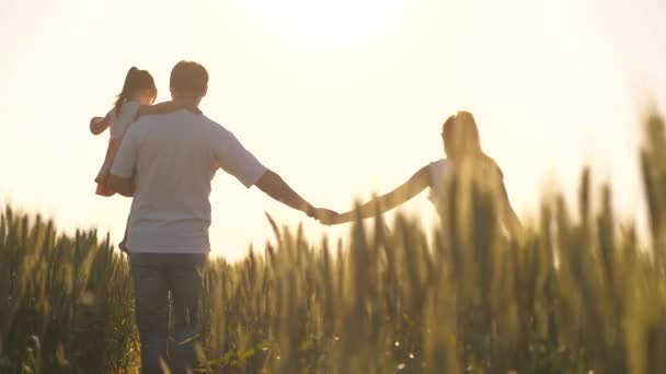 Familia joven feliz con niño caminando en el campo de verano. Madre sana, padre e hija pequeña disfrutando de la naturaleza juntos. En cámara lenta. Vídeo UHD 4K. ven conmigo de la mano — Vídeos de Stock