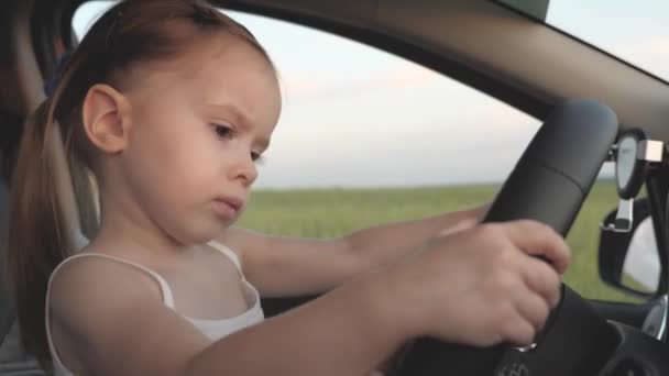 小さな健康な娘は車を運転するパパの膝の上にステアリングホイールをねじれます。父は子供たちと車で旅をする。運転手と子供が運転してる。幸せな家族や子供時代のコンセプト — ストック動画