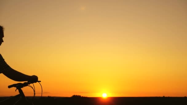 Um viajante livre viaja com uma bicicleta ao pôr-do-sol. Caminhante cara saudável vai com uma bicicleta ao redor do campo, desfrutando da natureza e do sol. conceito de aventura e viagens. Um ciclista solitário está descansando em um parque . — Vídeo de Stock