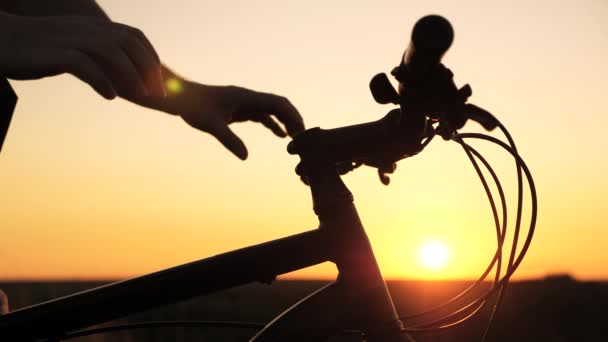 Mulher solitária ciclista descansando no parque. Caminhante mulher jovem saudável fica na colina ao lado da bicicleta, desfrutando da natureza e do sol. Menina livre viaja com uma bicicleta ao pôr do sol. conceito de aventura e viagens . — Vídeo de Stock