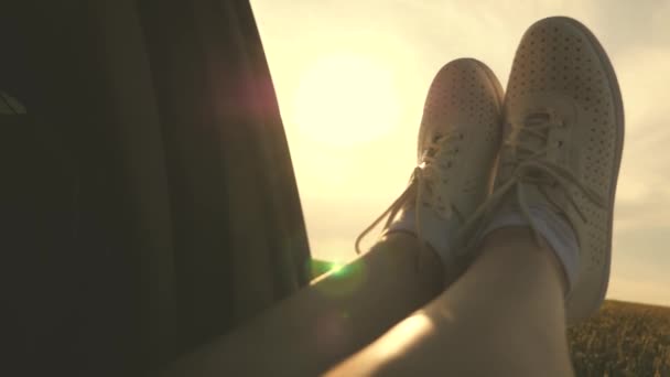 Sağlıklı genç bir kadın, bacaklarını açık bir pencereden dışarı çıkararak arabayla seyahat etmekten hoşlanır. seyahat konsepti. Araba camındaki bir kızın bacakları kırsal yolda buğday tarlasını geçerken araba sürüyor. Özgür kadın seyahat eder — Stok video