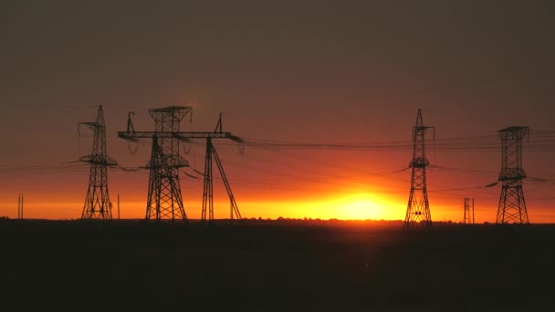 日没時に電界中の高電圧電線。美しい夜の太陽の光の中で塔の暗いシルエット。電気の分配と供給。クリーンエネルギー — ストック動画