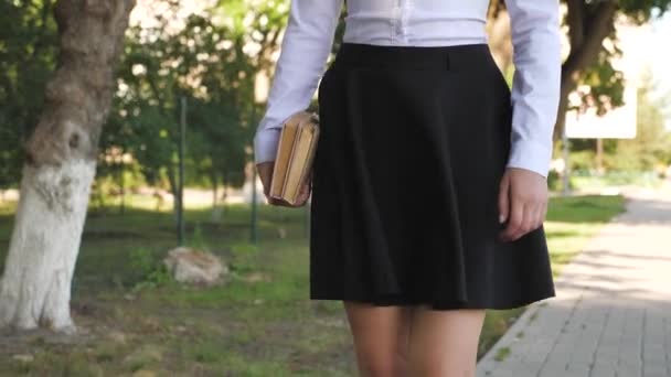 Egy diák sétál az utcán tankönyvekkel a kezében a nyári parkban. Iskoláslány a városban. lány tizenéves siet az iskolába könyvek. — Stock videók