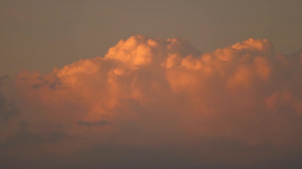 Grandes nuvens cumulus giram rapidamente no céu. céu bonito acima do oceano com nuvens rosa. Nuvens tropicais tempestuosas épicas ao pôr do sol. close-up. 4K UHD — Vídeo de Stock