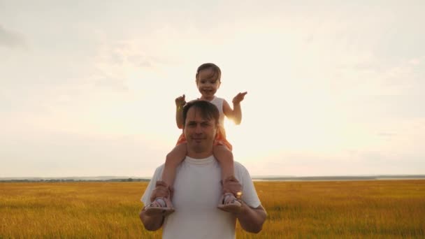 Papa draagt op zijn schouders zijn geliefde kleine gezonde dochter in de zon. Vader loopt met het kind op zijn schouders bij zonsondergang. kind met ouders die in het veld lopen. gelukkig gezin rust uit in park. — Stockvideo