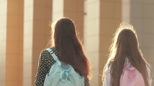 Mutter und Tochter gehen mit einem Rucksack und halten die Hand der Mutter. Schulbildungskonzept. Glückliche Familienmutter und Kind gehen Händchen haltend zur Schule. — Stockvideo