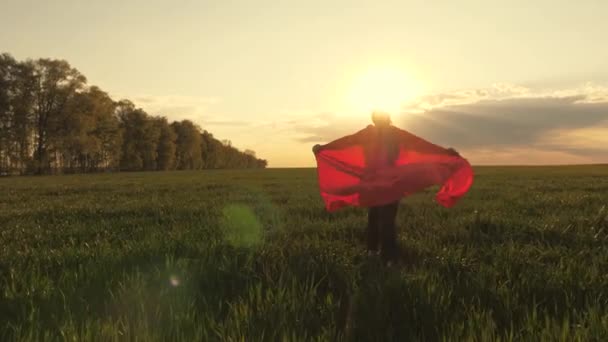 Chica feliz superhéroe, corre en el campo verde en capa roja, capa revolotea en el viento. niño juega y sueña. En cámara lenta. Sueña con convertirse en un superhéroe. chica joven en capa roja, expresión de sueño. — Vídeos de Stock