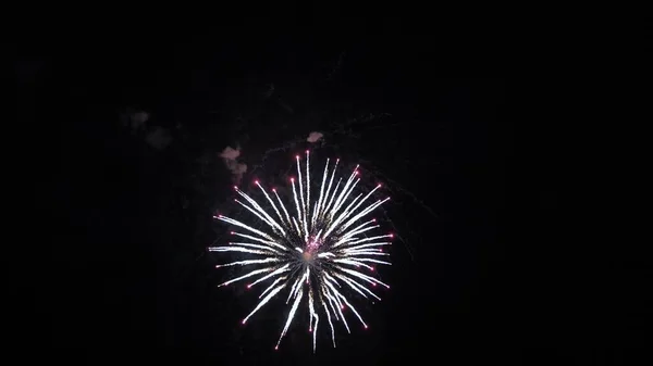 Farbige nächtliche Explosionen am schwarzen Himmel. schönes mehrfarbiges Feuerwerk am Nachthimmel. Silvesterfeuerwerk. leuchtendes Feuerwerk mit Bokeh-Lichtern am Nachthimmel. Glühendes Feuerwerk. — Stockfoto