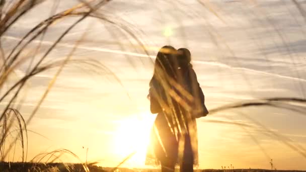 Concept d'une enfance heureuse. mère danse avec un enfant dans ses bras dans le champ au soleil. maman et petite fille tourbillonnent en danse au coucher du soleil. enfant heureux joue avec sa mère au coucher du soleil. concept d'un — Video