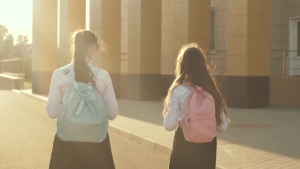 Prietenele merg la şcoală. Se distrează de minune. Fetele școlare cu rucsacuri merg la școală pe stradă. Conceptul de educație. Adolescenții sănătoși merg la clasă în aer liber. fete chat și vorbesc în curtea școlii — Videoclip de stoc