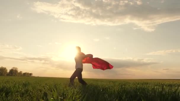 Menina super-herói feliz, corre no campo verde em manto vermelho, tremulação de manto no vento. criança brinca e sonha. Movimento lento. O adolescente sonha em se tornar um super-herói. jovem menina em manto vermelho, expressão dos sonhos. — Vídeo de Stock